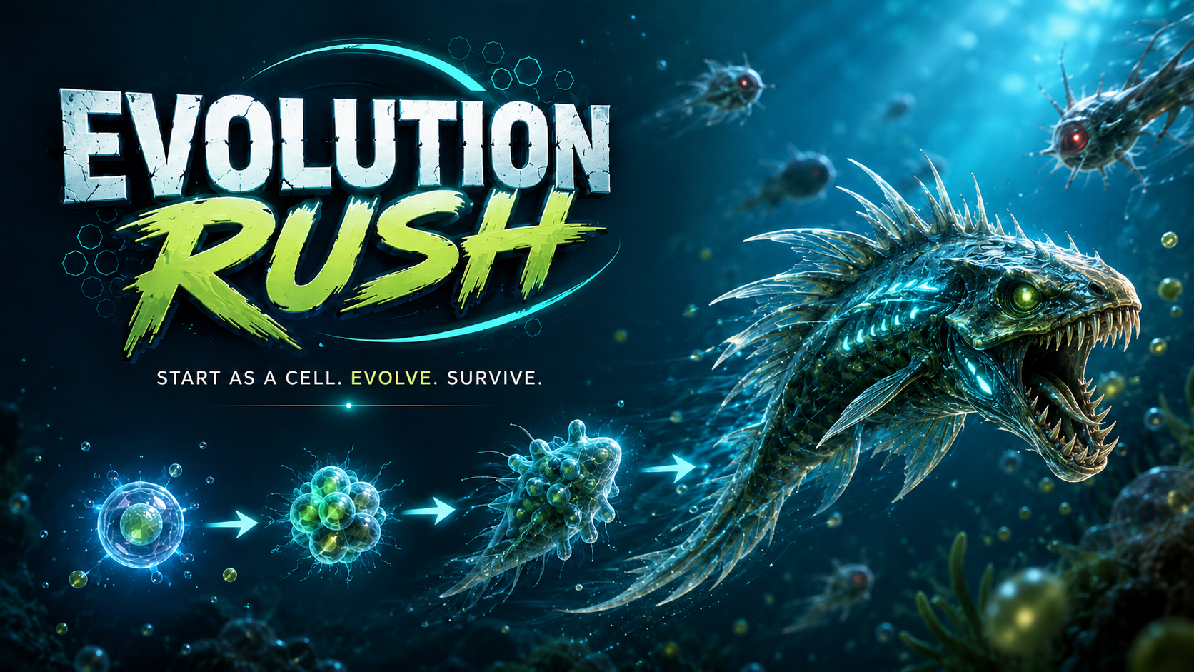 Evolution Rush promotional graphic showing cellular evolution into a dangerous aquatic creature
